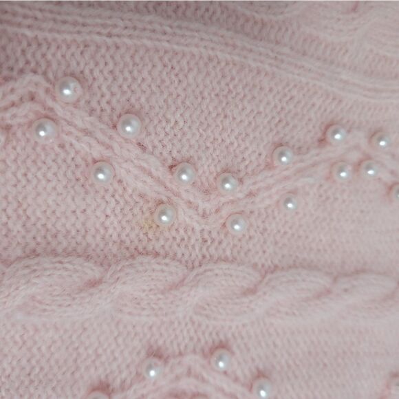 VINTAGE 90s sweater pink mock neck pearl beaded cable knit angora XL - Picture 7 of 11